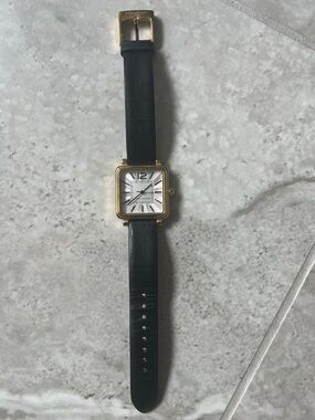 Marc Jacobs Gold-Tone Square Watch with Black Leather Band